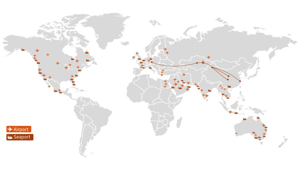 global air and sea routes featuring the China-Europe trail